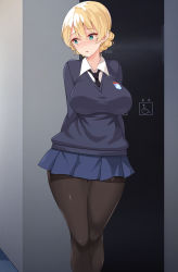 Rule 34 | 1girl, absurdres, aqua eyes, arms behind back, blonde hair, blue skirt, blue sweater, blush, braid, breasts, collared shirt, commentary request, darjeeling (girls und panzer), girls und panzer, hair between eyes, highres, impossible clothes, large breasts, legs together, nakamura yukitoshi, necktie, open mouth, pantyhose, pleated skirt, school uniform, shirt, skirt, solo, st. gloriana&#039;s school uniform, standing, sweater, thighs, white shirt