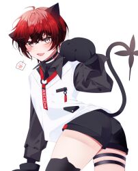 Rule 34 | 1boy, :3, absurdres, ahoge, animal ear legwear, animal ears, animal hands, ass, black choker, black shirt, black shorts, black thighhighs, blush, cat ear legwear, cat ears, cat paws, cat tail, choker, collared shirt, commentary, fang, from behind, gloves, hair between eyes, hairpin, highres, holostars, holostars english, looking at viewer, machina x flayon, machina x flayon (2nd costume), male focus, mechanical tail, multiple hairpins, open mouth, paw gloves, paw pose, paw print, red hair, shirt, shorts, skindentation, solo, suhyo, sweater vest, tail, thigh strap, thighhighs, upper body, virtual youtuber, white background, yellow eyes