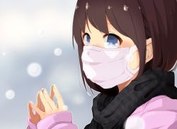 Rule 34 | 1girl, blue eyes, brown hair, close-up, hoojiro (found1093), mask, mouth mask, original, scarf, short hair, solo, surgical mask