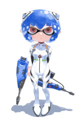Rule 34 | 1girl, :&lt;, ayanami rei, ayanami rei (cosplay), bad id, bad pixiv id, blue hair, bodysuit, breasts, commentary request, cosplay, crossover, female focus, full body, hair ornament, holding, holding behind back, inkling, inkling girl, inkling player character, interface headset, looking at viewer, mask, neon genesis evangelion, nintendo, plugsuit, red eyes, shadow, short hair, simple background, solo, standing, tentacle hair, tsuki-shigure, white background