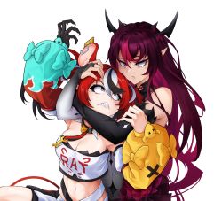 Rule 34 | 2girls, absurdres, angry, animal ears, arms up, asymmetrical bangs, bare legs, bare shoulders, black hair, blouse, blush, bow, breasts, bridal gauntlets, cheese, choker, claws, cleavage, couple, demon girl, demon horns, detached sleeves, dyed bangs, flower, food, gloves, hair between eyes, hakos baelz, highres, hololive, hololive english, horns, irys (hololive), jewelry, key, key necklace, long hair, long sleeves, looking at another, medium breasts, miniskirt, mouse ears, mouse girl, mouse tail, multicolored hair, multiple girls, multiple horns, navel, necklace, ootoii, pleated skirt, pointy ears, red hair, restrained, sharp teeth, shirt, simple background, single glove, skirt, spiked choker, spikes, stomach, strapless, strapless shirt, tail, teeth, twintails, very long hair, virtual youtuber, white background, yuri