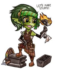 Rule 34 | amulet, anvil, apron, bandaged arm, bandages, boots, colored skin, female goblin, gauntlets, goblin, green hair, green skin, hammer, hand on own hip, headband, konsi, pointy ears, self-upload, shield, smile, socksandpuppets, standing on object, tooth, yellow eyes