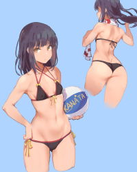 Rule 34 | 10s, 1girl, armpits, ass, back, ball, bare arms, bare shoulders, beachball, bikini, black bikini, black hair, blue background, blunt bangs, breasts, breasts apart, butt crack, character name, closed mouth, collarbone, criss-cross halter, cropped legs, fangdan runiu, front-tie bikini top, front-tie top, gluteal fold, halterneck, hand on own hip, harukana receive, holding, holding ball, long hair, multiple views, ribbon, shaded face, shoulder blades, side-tie bikini bottom, sidelocks, simple background, small breasts, star (symbol), string bikini, swimsuit, thighs, tooi narumi, towel, towel around neck, volleyball (object), yellow eyes, yellow ribbon