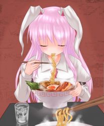 Rule 34 | 1girl, aliage, animal ears, blouse, blush, bowl, chopsticks, closed eyes, collarbone, collared shirt, cup, drinking glass, eating, egg, food, glass, long hair, necktie, noodles, pov, purple hair, rabbit ears, ramen, red necktie, reisen udongein inaba, shirt, sidelocks, simple background, solo, steam, table, touhou, upper body, water, white shirt
