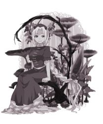 1girl braid female_focus greyscale hat kuzumiya_yuyu light_smile long_hair monochrome sitting solo touhou very_long_hair yagokoro_eirin