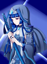 Rule 34 | 1girl, battle sister monaka, battle sisters (vanguard), belt, blue background, kakibitob, katana, medallion, nun veil, red eyes, sword, unit (vanguard), weapon