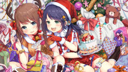 Rule 34 | 2girls, :3, :d, absurdres, animal ears, antlers, bad id, bad pixiv id, bell, blue eyes, blue hair, blush, boots, bow, bowtie, box, brown dress, brown footwear, brown hair, cake, capelet, christmas, christmas ornaments, christmas tree, collar, commentary request, crescent, cross-laced footwear, deer ears, dress, feeding, food, food-themed hair ornament, food on face, fork, fruit, fur-trimmed boots, fur-trimmed capelet, fur-trimmed dress, fur-trimmed gloves, fur-trimmed headwear, fur trim, gift, gift box, gingerbread man, gingerbread man hair ornament, gloves, green eyes, hair ornament, hair ribbon, hairclip, hat, highres, holding, holding fork, horns, knee boots, lace-up boots, long hair, macaron, multiple girls, neck bell, open mouth, original, parted lips, pleated skirt, pom pom (clothes), pomu (joynet), red capelet, red collar, red gloves, red hat, red neckwear, red ribbon, red shirt, red skirt, reindeer antlers, ribbon, sack, santa costume, santa gloves, santa hat, shirt, short sleeves, signature, sitting, skirt, smile, star (symbol), star hair ornament, strawberry, strawberry shortcake, stuffed animal, stuffed rabbit, stuffed toy, teddy bear, toy, toy airplane, toy robot, twintails, v-shaped eyebrows