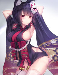 Rule 34 | 1girl, animal ear fluff, animal ears, areola slip, armpits, arms behind head, arms up, azur lane, bell, black hair, black kimono, blunt bangs, breasts, cat mask, commentary request, detached sleeves, highres, hip vent, japanese clothes, jingle bell, kimono, looking at viewer, mask, mask on head, medium breasts, no bra, no panties, parted lips, red eyes, short kimono, sideboob, solo, tama satou, thighhighs, white thighhighs, wide sleeves, yamashiro (azur lane)