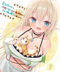 1girl animal animal_on_chest aria_(beheneko) blonde_hair blue_eyes breasts bridal_gauntlets cat cleavage collarbone elf highres jewelry long_hair miniskirt navel necklace open_mouth pointy_ears s-rank_monster_no_&quot;behemoth&quot;_dakedo_neko_to_machigawarete_elf_musume_no_pet_toshite_kurashitemasu shadow skirt tama_(beheneko) translation_request white_bridal_gauntlets white_skirt yano_mitsuki_(nanairo)