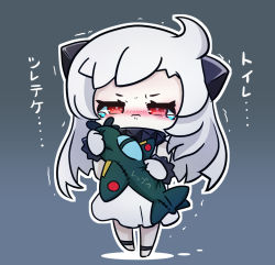 Rule 34 | 1girl, a6m zero, ahoge, aircraft, airplane, asimo953, barefoot, blush, chibi, colored skin, commentary request, dress, full body, gradient background, grey background, have to pee, holding, holding stuffed toy, horns, kantai collection, long hair, looking at viewer, mittens, northern ocean princess, nose blush, pale skin, red eyes, sidelocks, sleeveless, sleeveless dress, solo, standing, stuffed airplane, stuffed toy, tearing up, translation request, trembling, white dress, white hair, white skin