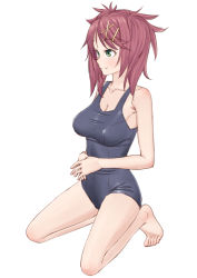 Rule 34 | 1girl, amanchu!, bare shoulders, barefoot, blush, breasts, cleavage, commentary request, easy (aqk7bdqt), full body, green eyes, hair ornament, hairclip, large breasts, ninomiya ai, red hair, school swimsuit, simple background, smile, solo, squatting, swimsuit, white background, x hair ornament