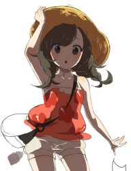 Rule 34 | 1girl, :o, armpits, bag, bare shoulders, black eyes, black hair, blush, braid, cowboy shot, creatures (company), game freak, hand on headwear, highres, looking at viewer, nintendo, open mouth, pokemon, pokemon usum, selene (pokemon), selene (pokemon usum), shorts, simple background, solo, sweatdrop, swept bangs, tank top, twin braids, white background, white shorts