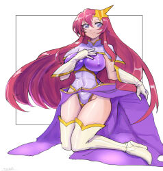 Rule 34 | 1girl, boots, cape, covered erect nipples, gloves, gundam, gundam seed, gundam seed destiny, hair between eyes, hair ornament, hand on own chest, high heel boots, high heels, highres, impossible clothes, kneeling, leotard, long hair, long skirt, looking at viewer, meer campbell, oomasa teikoku, pink hair, purple cape, purple eyes, purple leotard, purple skirt, skin tight, skirt, smile, solo, star (symbol), star hair ornament, thigh boots, very long hair, white background, white footwear, white gloves