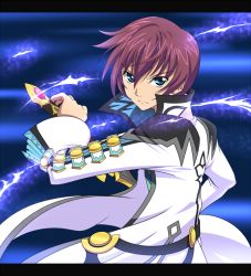 Rule 34 | 1boy, asbel lhant, blue background, blue eyes, brown hair, fighting stance, letterboxed, male focus, mikeneko (stray-sheep), ready to draw, short hair, solo, sword, tales of (series), tales of graces, weapon
