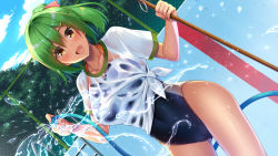 Rule 34 | 1girl, bad id, bad pixiv id, breasts, brown eyes, dutch angle, empty pool, green hair, hair ornament, hairclip, hatachi, hose, large breasts, looking at viewer, one-piece swimsuit, open mouth, original, pool, see-through, shirt, short hair, smile, solo, swimsuit, swimsuit under clothes, wet, wet clothes, wet shirt