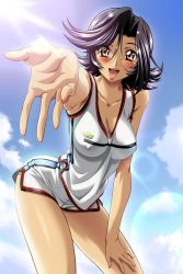 Rule 34 | 1girl, :d, ano machi no koi no uta, bare shoulders, black hair, blush, breasts, cleavage, cloud, covered erect nipples, day, fingernails, foreshortening, game cg, gym uniform, hair between eyes, hand on own thigh, hand on thigh, highres, jpeg artifacts, kamishima tomoko, kimura takahiro, large breasts, leaning forward, lens flare, light rays, long fingernails, no bra, open mouth, orange eyes, outdoors, outstretched arm, outstretched hand, parted bangs, reaching, short hair, short shorts, shorts, side slit, single vertical stripe, sky, smile, solo, source request, spiked hair, standing, sun, sunbeam, sunlight, tan, third-party edit