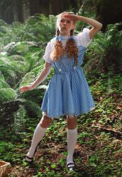 Rule 34 | 1girl, ass, blonde hair, cosplay, dolly little, dorothy gale, dorothy gale (cosplay), female focus, forest, looking back, nature, original, outdoors, panties, photo (medium), solo, the wizard of oz, underwear
