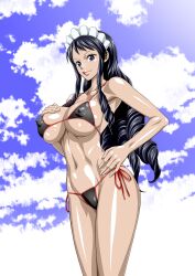 Rule 34 | 1girl, absurdres, armpits, baby 5, bikini, black bikini, black hair, breasts, closed mouth, cloud, cloudy sky, collarbone, covered erect nipples, cowboy shot, drill hair, feet out of frame, female focus, groin, hand on own hip, hexagon print, highres, large breasts, lips, long hair, looking at viewer, maid headdress, micro bikini, navel, nel-zel formula, one piece, outdoors, shiny skin, side-tie bikini bottom, skindentation, sky, solo, standing, swimsuit, thighs, very long hair, wide hips