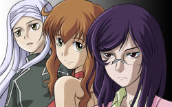 Rule 34 | 00s, 1boy, 2girls, :o, androgynous, bad id, bad pixiv id, bare shoulders, blush, choker, christina sierra, closed mouth, expressionless, glasses, gradient background, green eyes, gundam, gundam 00, long hair, looking at viewer, multiple girls, parted lips, purple hair, red eyes, rimless eyewear, shigarami kyouma, smile, soma peries, tieria erde, upper body, veil
