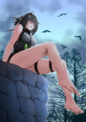 Rule 34 | 1girl, ahoge, arknights, bare arms, bare legs, bare shoulders, bare tree, barefoot, between breasts, bird, black hair, black nails, breasts, commentary request, foot focus, grey eyes, grey shirt, hair between eyes, hair intakes, highres, la pluma (arknights), large breasts, nail polish, open mouth, outdoors, shirt, short hair, sitting, sleeveless, sleeveless shirt, solo, strap between breasts, thigh strap, thighs, toenail polish, toenails, tree, yamauchi (conan-comy)