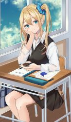 Rule 34 | 1girl, :/, black skirt, blonde hair, blue nails, blue scrunchie, blue sky, chair, chroemaguro, classroom, closed mouth, cloud, collared shirt, commentary request, desk, eraser, green eyes, hair between eyes, hair ornament, hair scrunchie, hayasaka ai, head rest, highres, holding, holding pen, indoors, jewelry, kaguya-sama wa kokurasetai ~tensai-tachi no renai zunousen~, long bangs, long sleeves, looking at viewer, nail polish, necklace, notebook, on chair, paper, pen, school chair, school desk, school uniform, scrunchie, shirt, side ponytail, sitting, skirt, sky, solo, sweater vest, table, uniform, white shirt, window