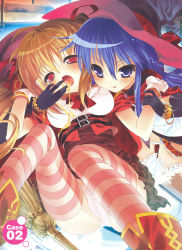 Rule 34 | 2girls, :p, belt, blonde hair, blue eyes, blue hair, bracelet, broom, elbow gloves, forced, gloves, hat, highres, jewelry, long hair, multiple girls, open mouth, panties, pantyshot, red eyes, sitting, striped clothes, striped legwear, striped thighhighs, strips, tears, test tube, thighhighs, tongue, tongue out, underwear, white panties, witch hat, youta, yuri