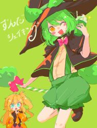 Rule 34 | + +, 2girls, black footwear, black jacket, black shirt, blue eyes, blush stickers, boots, bow, cardigan, chromatic aberration, collared shirt, commentary request, cup, drinking straw, fang, green background, green hair, green shorts, green suspenders, hair between eyes, hand up, hat, highres, holding, holding cup, holding staff, jacket, kasukabe tsumugi, light brown hair, long hair, looking at viewer, mei (zy8dvf), milkshake, multiple girls, necktie, one eye closed, open cardigan, open clothes, open mouth, orange eyes, pink bow, puffy short sleeves, puffy shorts, puffy sleeves, saliva, shirt, short sleeves, shorts, skirt, smile, song name, staff, standing, standing on one leg, voicevox, white shirt, witch, witch hat, zunda shaking (voicevox), zundamon