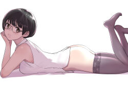 Rule 34 | 1girl, ass, black hair, black thighhighs, bottomless, breasts, brown eyes, dytm, from side, glasses, hand on own cheek, hand on own face, legs up, looking at viewer, looking to the side, lying, medium breasts, mole, no shoes, on stomach, original, shirt, short hair, simple background, sleeveless, sleeveless shirt, solo, thighhighs, white background, white shirt