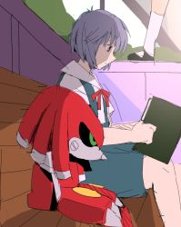 Rule 34 | 1boy, 1girl, ayanami rei, bendedede, black sclera, book, closed mouth, colored sclera, crossover, green eyes, highres, holding, holding book, metal knuckles, neck ribbon, neon genesis evangelion, red eyes, red neckwear, ribbon, robot, school uniform, short hair, sitting, sketch, sonic (series), sonic r, tokyo-3 middle school uniform