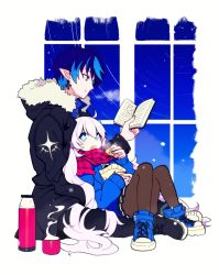 Rule 34 | 1boy, 1girl, ahoge, bad id, bad twitter id, blue eyes, blue hair, book, ciel (elsword), earrings, elsword, fang, fang out, hood, hooded jacket, hwansang, jacket, jewelry, light blue hair, luciela r. sourcream, multicolored hair, nail polish, pantyhose, pointy ears, scarf, skirt, snow, snowing, sparkling eyes, steam, sweater, twintails, two-tone hair, white background, window, winter clothes