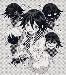 Rule 34 | 1boy, black hair, blush, checkered clothes, checkered scarf, commentary request, danganronpa (series), danganronpa v3: killing harmony, evil smile, expressions, eyelashes, grey background, greyscale, hair between eyes, heart, highres, inverted colors, long sleeves, looking at viewer, male focus, monochrome, narrowed eyes, oma kokichi, open mouth, outline, polka dot, polka dot background, san nohe (mito), scarf, short hair, smile, straitjacket, translation request, upper body, white outline