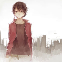 Rule 34 | 1boy, black hair, collared jacket, commentary request, crimsonseed, expressionless, jacket, kagerou project, kisaragi shintarou, male focus, red jacket, skyline, solo, track jacket