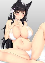 Rule 34 | 1girl, animal ears, arm behind back, arm support, atago (azur lane), atago (summer march) (azur lane), azur lane, bed sheet, bikini, black hair, blush, breasts, brown eyes, choker, closed mouth, collarbone, commentary request, deep skin, extra ears, flower, gradient background, grey background, hair flower, hair ornament, highres, kisaragi nana, knee up, large breasts, long hair, looking at viewer, mole, mole under eye, navel, see-through, sitting, skindentation, smile, solo, swimsuit, white bikini, white choker