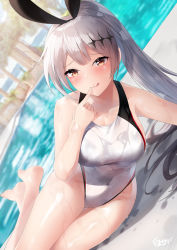 Rule 34 | 1girl, bare shoulders, barefoot, blush, breasts, rabbit hair ornament, collarbone, commentary request, competition swimsuit, covered navel, five-seven (girls&#039; frontline), girls&#039; frontline, hair ornament, highres, long hair, looking at viewer, medium breasts, one-piece swimsuit, ponytail, pool, poolside, shirosaba, silver hair, solo, swimsuit, thighs, wet, white one-piece swimsuit