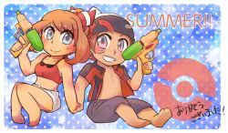 Rule 34 | 1boy, 1girl, adapted costume, bandaid, barefoot, beanie, bikini, bow hairband, brendan (pokemon), commentary request, creatures (company), english text, game freak, hairband, hat, holding, holding hands, holding water gun, may (pokemon), nintendo, pokemon, pokemon oras, short shorts, shorts, smile, swimsuit, topophilia, translation request, water gun