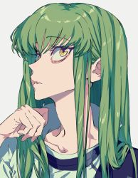 Rule 34 | 1girl, c.c., code geass, collarbone, green hair, hand up, high collar, highres, long hair, looking up, parted lips, sidelocks, simple background, solo, urkt 10, white background, yellow eyes