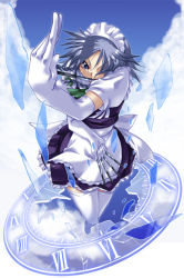 Rule 34 | 1girl, ascot, beckoning, between fingers, blue eyes, bridal gauntlets, clock, elbow gloves, female focus, gloves, holding, izayoi sakuya, knife, maid, maid headdress, mouth hold, silver hair, skirt, solo, thighhighs, touhou, uemukai dai, white gloves, white thighhighs