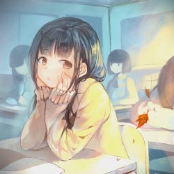 Rule 34 | 4girls, :&lt;, autumn leaves, black hair, book, brown eyes, chair, classroom, closed mouth, commentary request, desk, faceless, head rest, highres, indoors, long sleeves, looking to the side, multiple girls, open book, original, school, school desk, sibyl, sitting, sleeping, sleeves past wrists, solo focus, sunlight, sweater