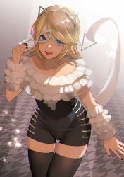 Rule 34 | 1girl, animal ears, black nails, black thighhighs, blonde hair, blue eyes, cat ears, cat mask, commentary, cowboy shot, fangs, frilled cuffs, frilled shirt, frills, hairband, highres, holding, holding mask, kagamine rin, leotard, looking at viewer, mask, meriko, nail polish, open mouth, project diva (series), removing mask, shirt, skindentation, smile, solo, sparkle, tail, thigh gap, thighhighs, vocaloid
