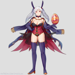 Rule 34 | 1girl, alternate costume, animal ears, artist name, black gloves, boots, breasts, chocojax, choker, cleavage, closed mouth, easter egg, egg, elbow gloves, fake animal ears, fire emblem, fire emblem awakening, fire emblem heroes, full body, gloves, grey background, grima (fire emblem), hand on own hip, high heels, highres, large breasts, leotard, long hair, nintendo, patreon username, rabbit ears, red eyes, robin (female) (fire emblem), robin (fire emblem), silver hair, simple background, smile, solo, standing, thigh boots, thighhighs, twintails, watermark, web address