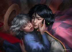 Rule 34 | 1boy, 1girl, absurdres, artist name, black hair, blue dress, blue eyes, blurry, blurry background, closed eyes, commentary, dress, earrings, english commentary, face-to-face, green hair, hand on another&#039;s face, hat, hetero, highres, howl (howl no ugoku shiro), howl no ugoku shiro, hug, jewelry, lips, looking at another, palson, parted lips, portrait, realistic, short hair, sophie (howl no ugoku shiro), straw hat