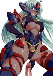 Rule 34 | 00s, 1girl, bare shoulders, blue eyes, blush, breasts, curvy, dark skin, covered erect nipples, green hair, large breasts, long hair, looking at viewer, nipples, parted lips, penis, smile, spread legs, t-elos, thick thighs, thighs, underboob, wide hips, xenosaga, xenosaga episode iii