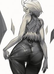 Rule 34 | 1girl, ass, bare shoulders, blush, bodysuit, censored, from behind, frostblade irelia, fur trim, greyscale, half-closed eyes, irelia, jin rou, league of legends, looking at viewer, looking back, monochrome, mosaic censoring, pantylines, short hair, simple background, skin tight, sleeveless, smile, solo, standing, white background