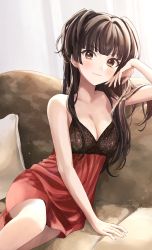 1girl, :3, absurdres, arm rest, arm up, babydoll, bangs, bare arms, black hair, blunt bangs, blush, breasts, brown eyes, cleavage, couch, curtains, eyebrows visible through hair, highres, idolmaster, idolmaster shiny colors, indoors, kudou (sikisiki0000), lace, lingerie, long hair, looking at viewer, mayuzumi fuyuko, negligee, pillow, sleeveless, small breasts, smile, solo, underwear