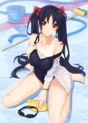 Rule 34 | 1000000000, 1girl, bare legs, barefoot, black hair, bow, bracelet, breasts, broom, brown eyes, bucket, cleavage, collarbone, competition swimsuit, empty pool, goggles, unworn goggles, hair bow, hose, jewelry, long hair, looking at viewer, off shoulder, one-piece swimsuit, one-piece tan, open clothes, open shirt, original, pool, see-through, shirt, sitting, smile, solo, strap slip, swim cap, swimsuit, tan, tanline, twintails, very long hair, wariza, water