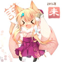 Rule 34 | &gt; &lt;, 1girl, :d, > <, ahoge, animal ears, bad id, bad pixiv id, blonde hair, closed eyes, hair ornament, hakama, hakama skirt, horns, japanese clothes, kazato fuuchi, long hair, looking at viewer, open mouth, original, scarf, sheep horns, skirt, smile, solo, tail, wolf ears, wolf tail, xd
