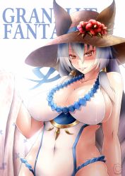 Rule 34 | 10s, 1girl, animal ears, arm at side, bare shoulders, braid, breasts, cilica, cleavage, commentary request, covered navel, curvy, ears through headwear, erune, flower, frills, granblue fantasy, hair between eyes, hair intakes, hair tubes, hairband, hat, hat flower, heles, heles (summer) (granblue fantasy), highres, large breasts, long hair, looking at viewer, one-piece swimsuit, parted lips, sarong, silver hair, single braid, smile, solo, straw hat, sun hat, swimsuit, very long hair, white one-piece swimsuit, wide hips, yellow eyes
