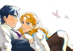 Rule 34 | 1boy, 1girl, 7aizagatha, aged down, blonde hair, blue eyes, blue hair, bug, butterfly, closed mouth, commentary request, dress, erina pendleton, hetero, highres, insect, jojo no kimyou na bouken, jonathan joestar, long hair, long sleeves, looking at another, lying, pants, phantom blood, shirt, short hair, smile, teeth, vest, white shirt