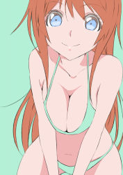 Rule 34 | 1girl, bikini, blue eyes, breasts squeezed together, breasts, brown hair, cleavage, collarbone, commentary request, copyright request, green background, green bikini, large breasts, leaning forward, long hair, looking at viewer, navel, simple background, smile, solo, stomach, swimsuit, very long hair, yuu (1007yu)