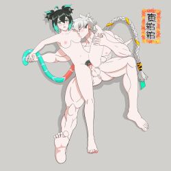 Rule 34 | 1boy, 1girl, absurdres, bleeding, blood, chinese text, couple, cum, cum in pussy, defloration, erection, green eyes, grey hair, hetero, highres, long hair, muscular, muscular male, non-web source, pale skin, penis, pubic hair, pussy, sex, tail, tiger boy, tiger girl, tiger tail, vaginal, wanwan, yin